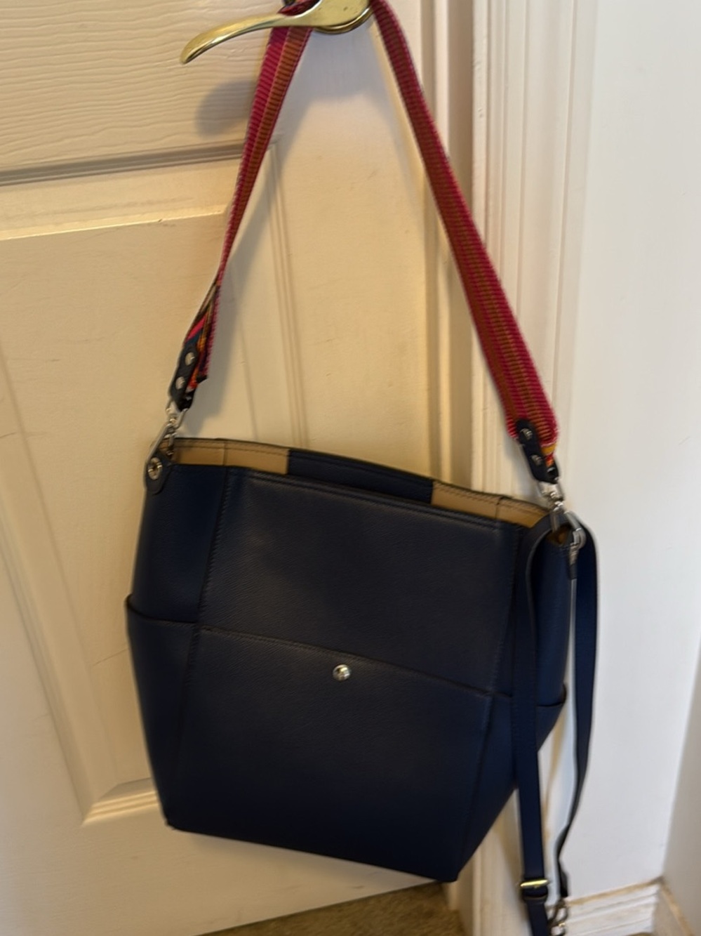 Navy Structured Shoulder Bag with colorful strap